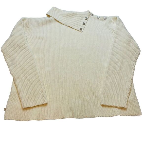 Vintage Lauren Ralph Lauren Sweater Womens M Ivory Rib Knit Split Turtleneck - Picture 1 of 8